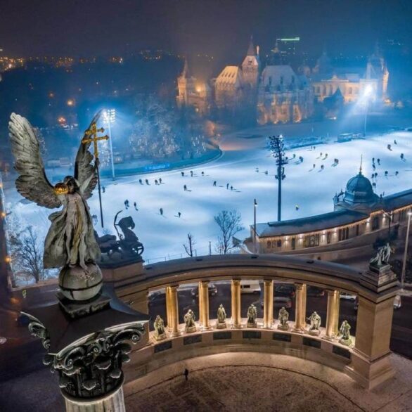 The architectural marvels surrounding the ice rink